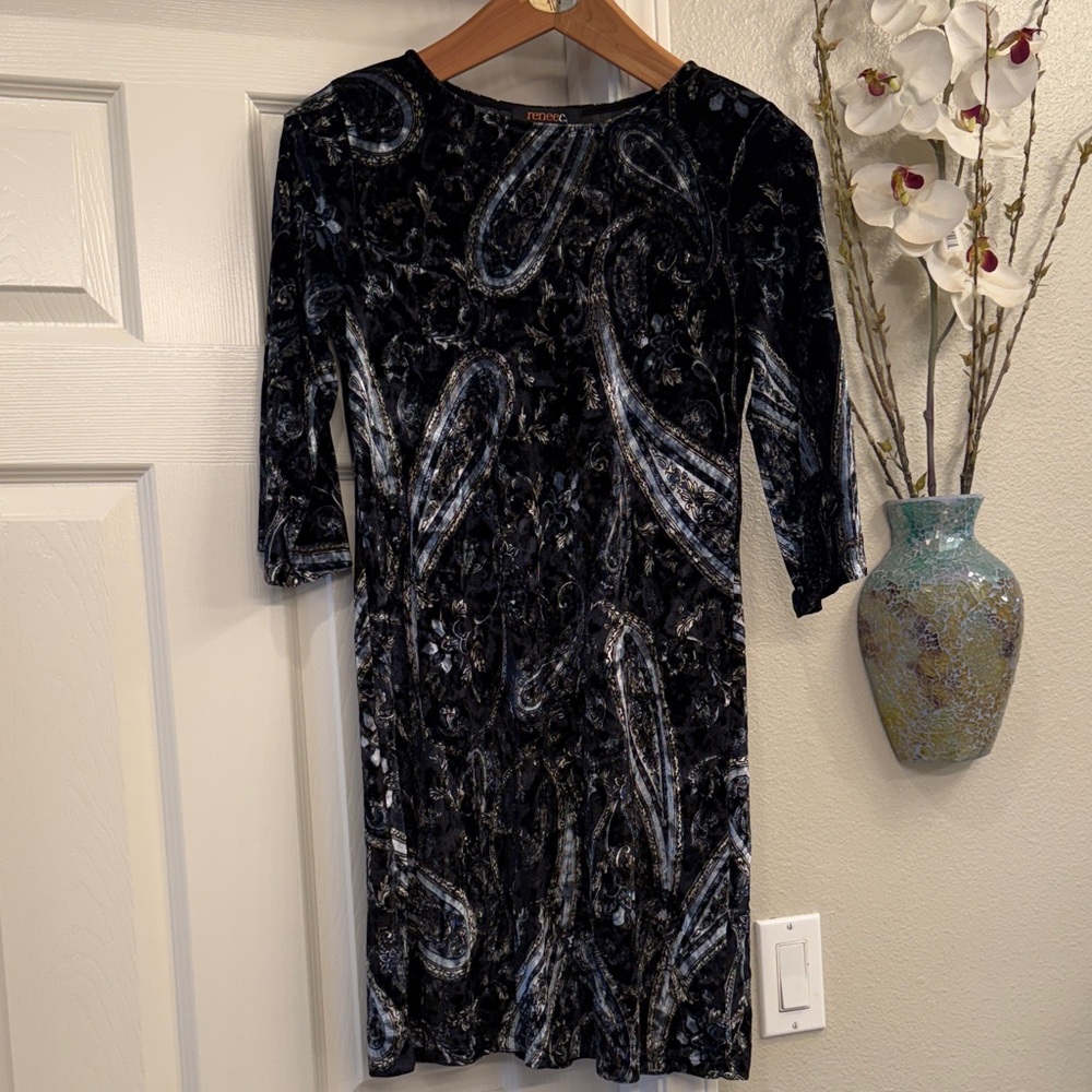 Renee C Black, Blue, and Gray Paisley Dress
